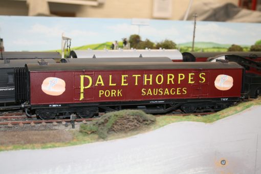 7mm. scale BR(Ex.LMS) Dia.2001 50ft. Corridor Palethorpe's Sausage Van r/n M 38874 M, matt crimson lake livery.
